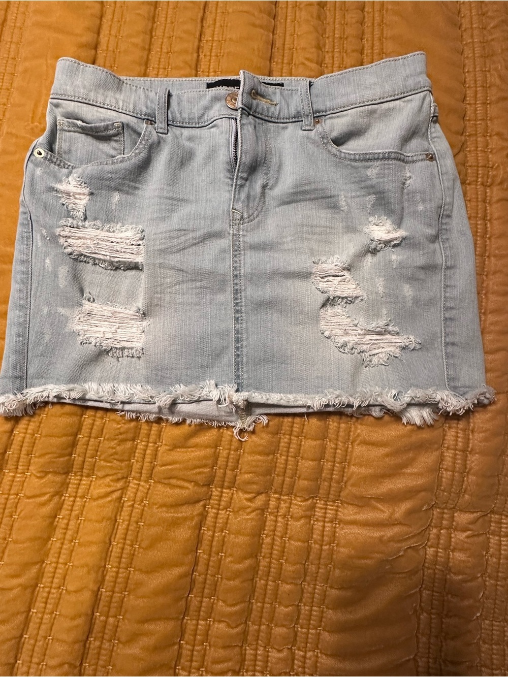 Express Light Blue Distressed Denim Mini Skirt